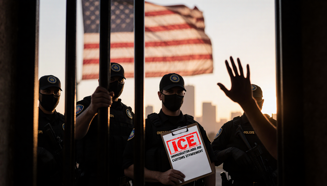 Federal agents stand with ICE stamp while a hand emerges through cell bars under a sunset-lit flag.
