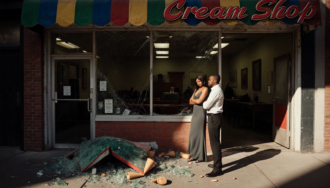 Tyra Banks standing with crossed arms and Louis Martin beside her in front of a shuttered ice cream shop with broken awning a