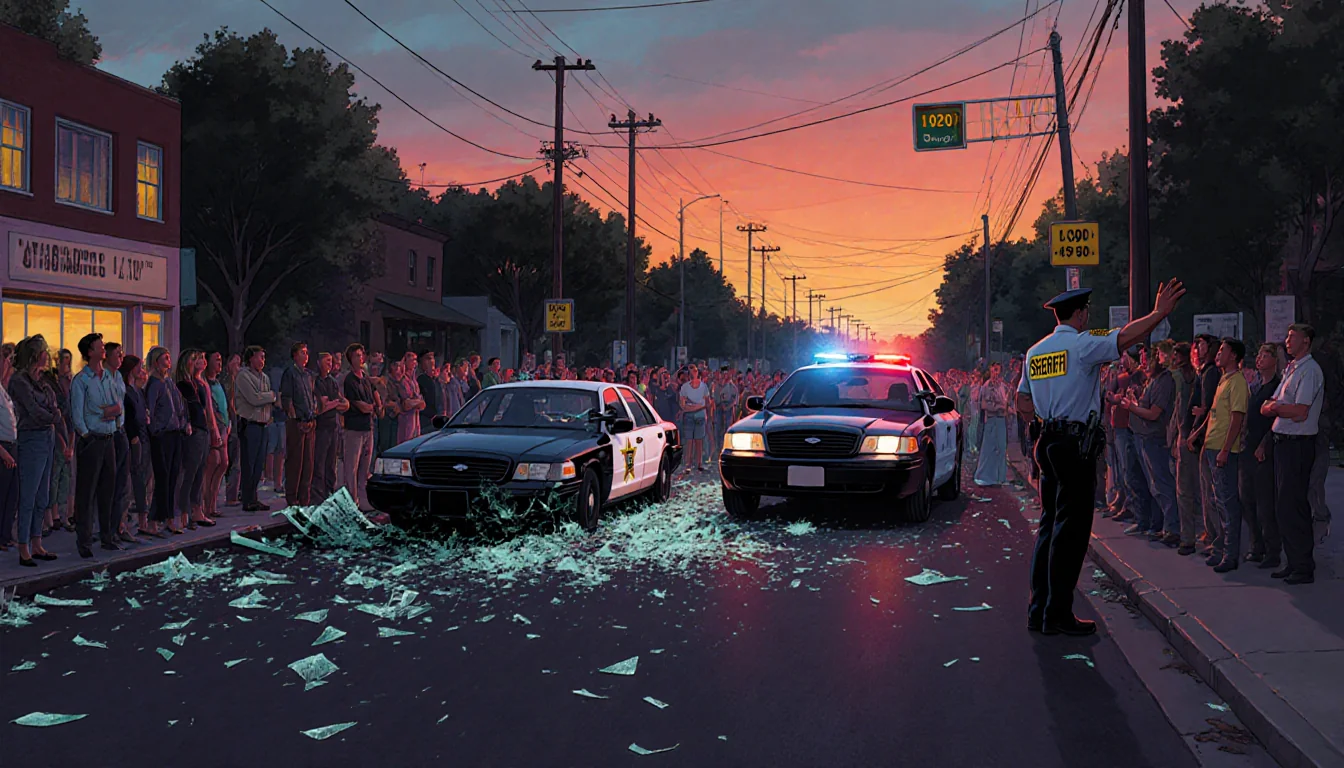 Sheriff lieutenant gesturing to witnesses with police cruiser in background and shattered car wreck debris from a street race