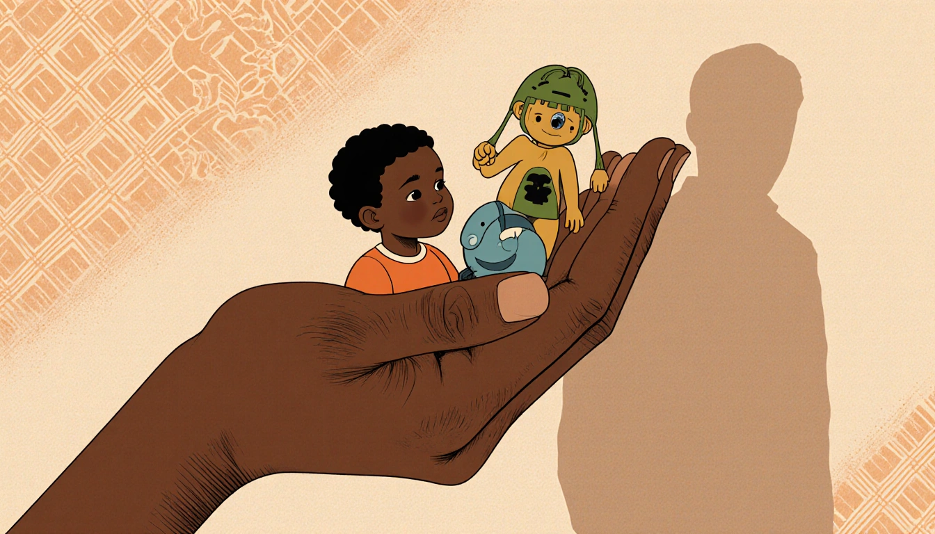 Lifeless hand cradles a sleeping child with a toy African patterned background and a shadow hinting at motherhood sorrow