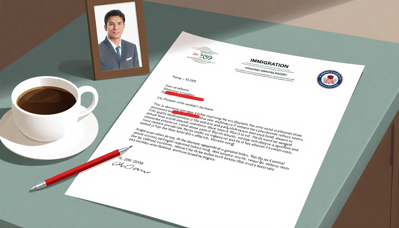 Red pen highlights key points on immigration approval letter with hope on kitchen table with coffee and husband's photo