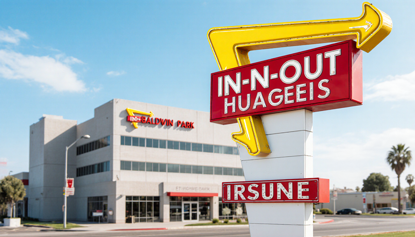 In‑Out sign standing in front of a modern building in Baldwin Park with retro architectural style and a Irvine background