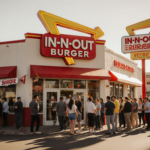 Customers line up outside bright red In‑Out Burger storefront in Tennessee with double‑double sign and welcome banner.