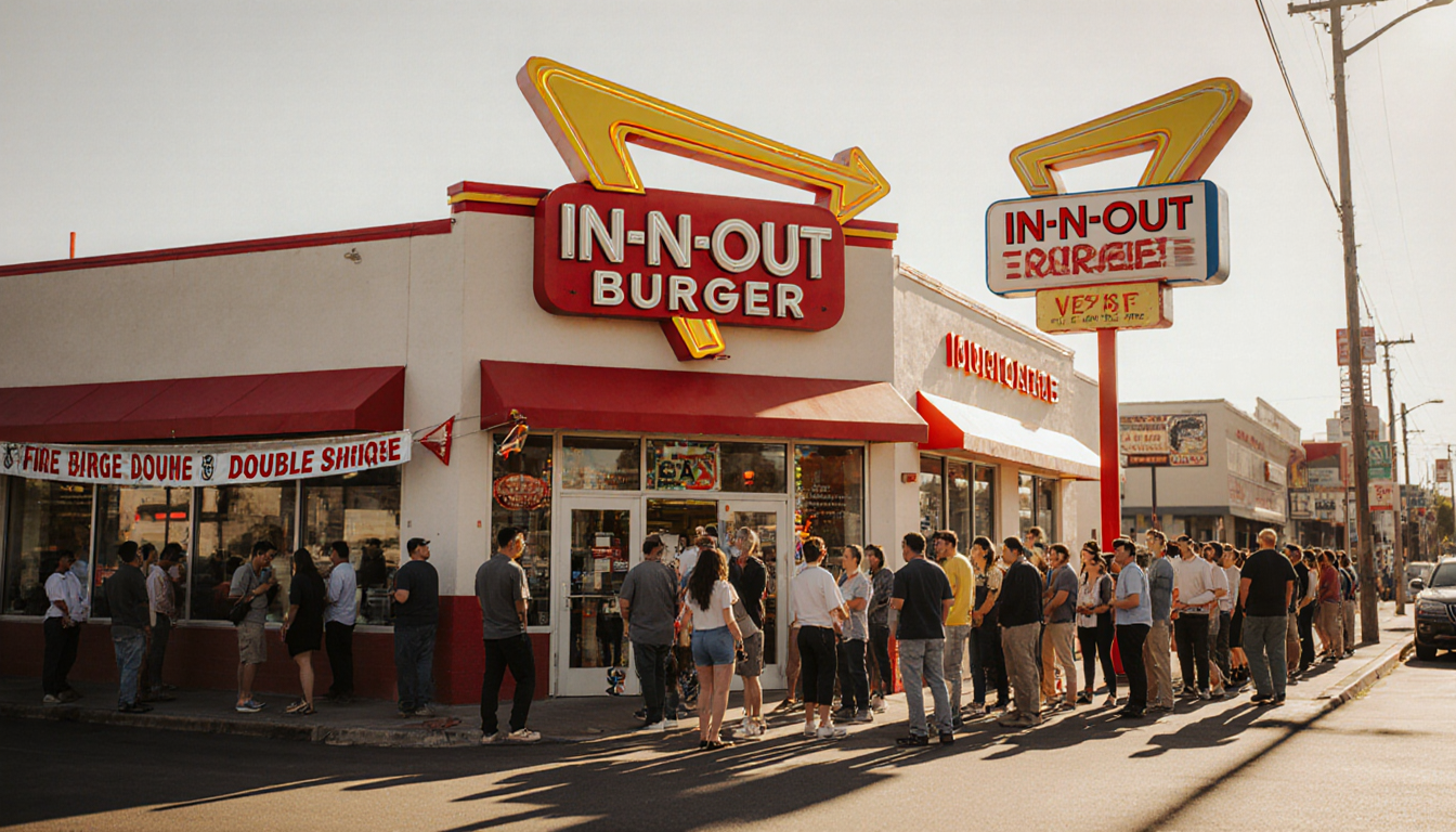 Customers line up outside bright red In‑Out Burger storefront in Tennessee with double‑double sign and welcome banner.