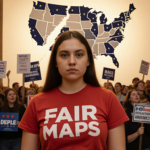 Young woman in red Fair Maps shirt standing with a torn map of Indiana districts behind her among protestors in Capitol.