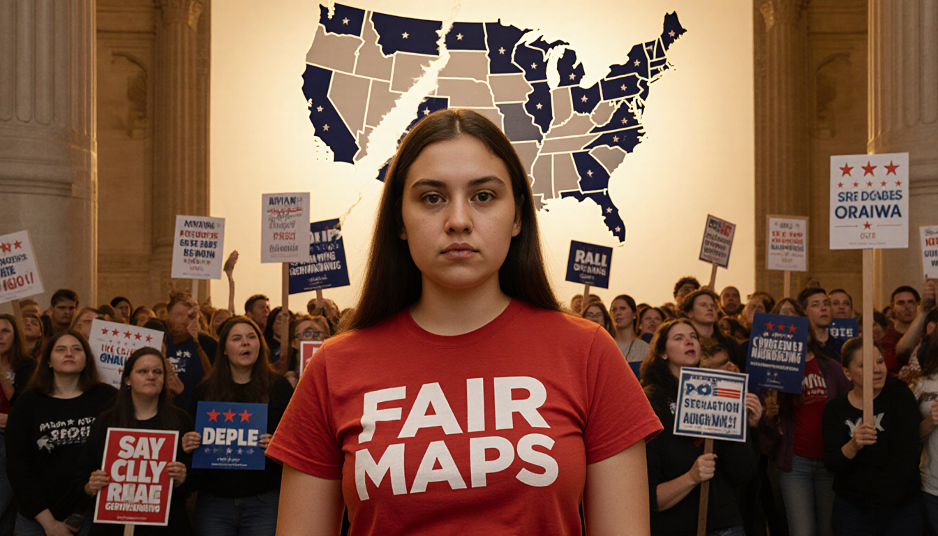 Young woman in red Fair Maps shirt standing with a torn map of Indiana districts behind her among protestors in Capitol.