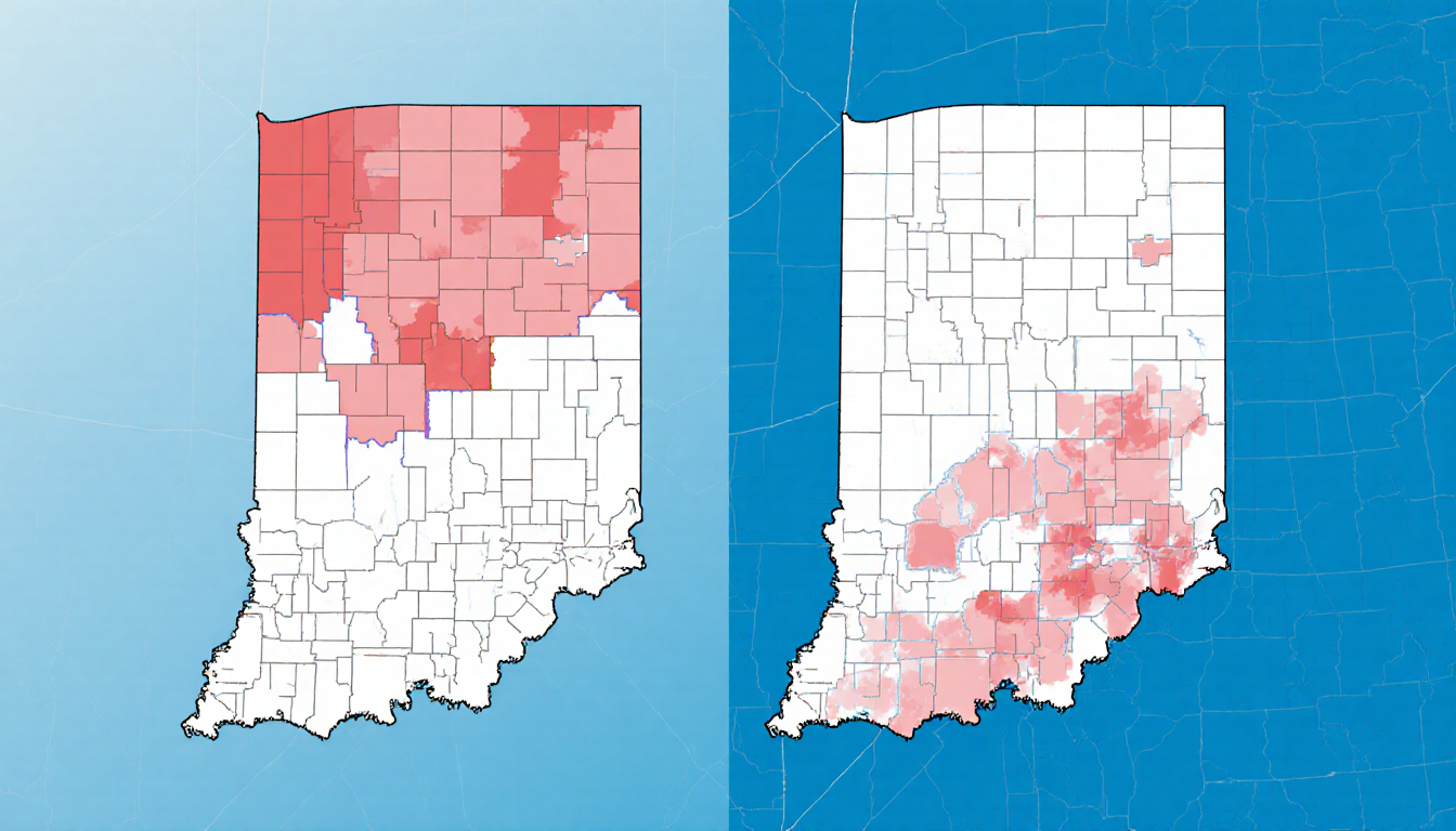 Illustration showing Indiana district maps with original balanced districts and revised GOP‑heavy map with shifting boundarie