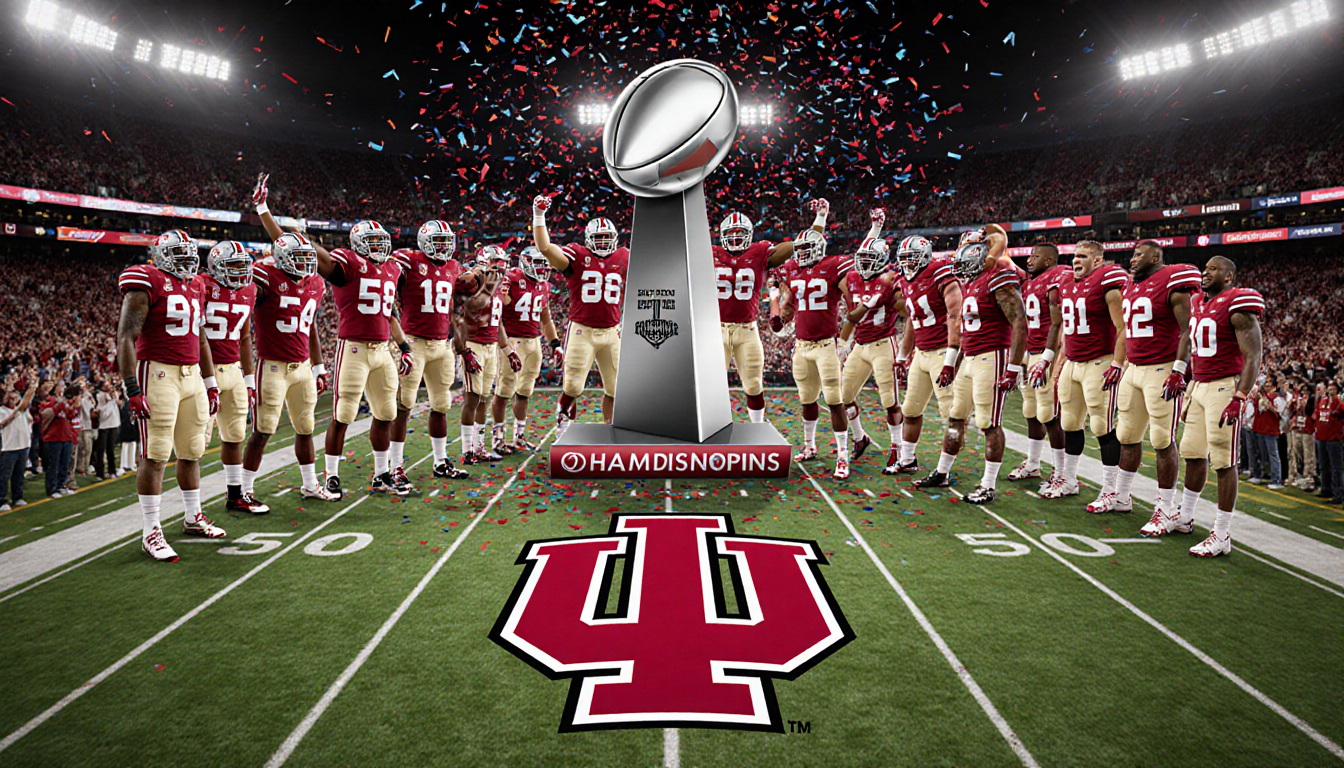 Indiana Hoosiers standing victorious on Lucas Oil Stadium field with confetti and the Big Ten Championship trophy