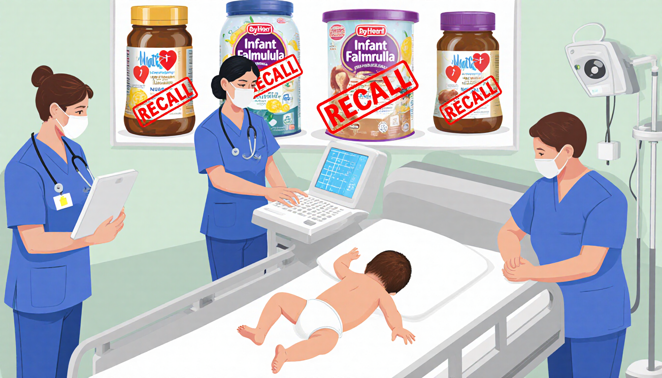 Baby lying on hospital bed with staff and equipment and red recall stickers on formula bottles