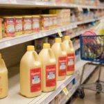 Infant formula bottles with recall stickers are displayed next to a shopping cart filled with baby essentials