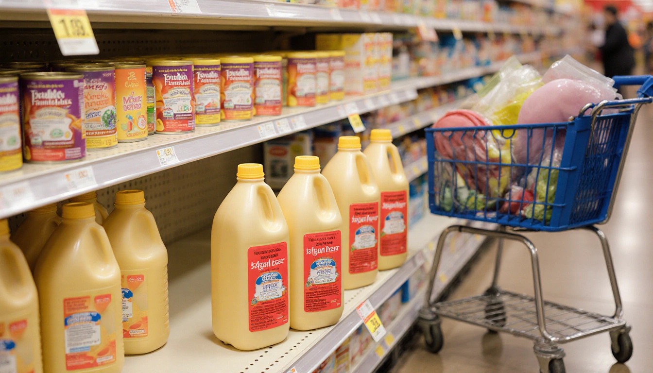 Infant formula bottles with recall stickers are displayed next to a shopping cart filled with baby essentials