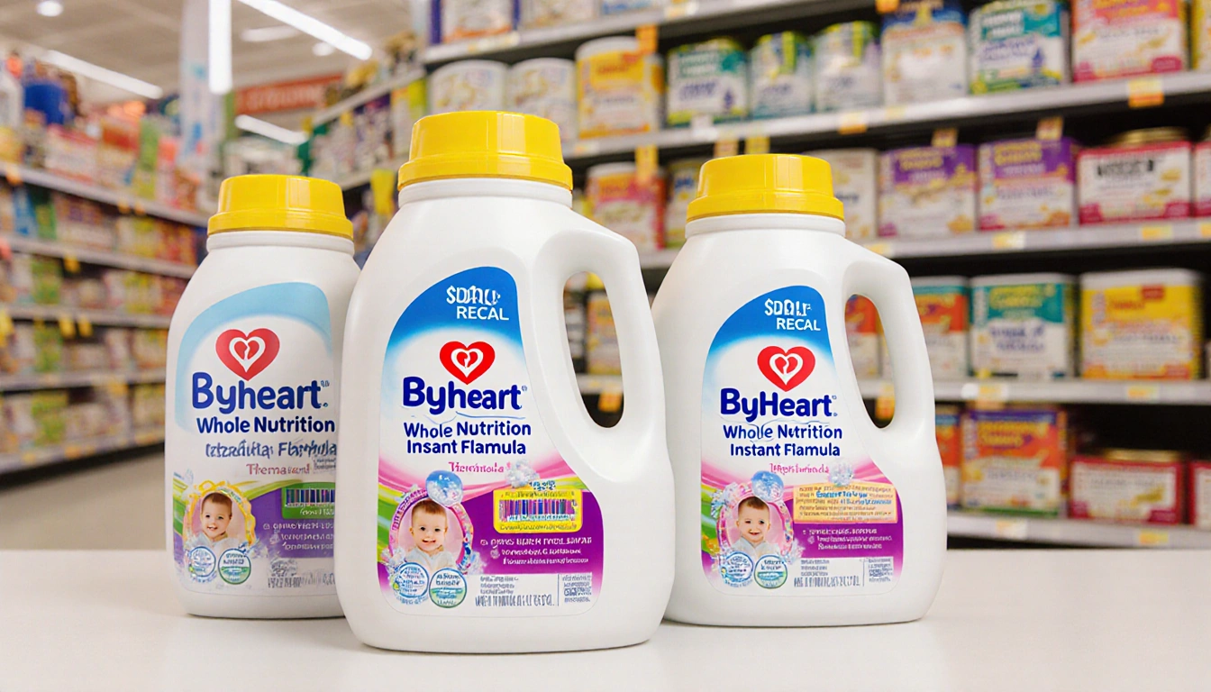 Retail shelf displays infant formula bottles with ByHeart bottles standing out against other brands and blurred background.