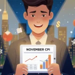 Businessperson reviewing CPI report on tablet with charts around and city skyline in background