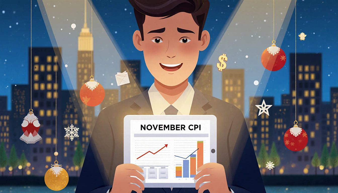 Businessperson reviewing CPI report on tablet with charts around and city skyline in background