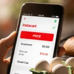Smartphone screen displaying Instacart app with price in red and abandoned bread and eggs nearby.