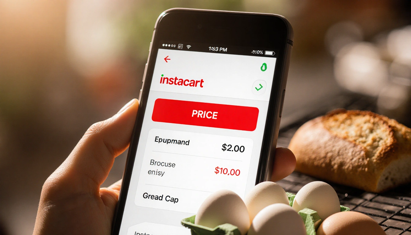Smartphone screen displaying Instacart app with price in red and abandoned bread and eggs nearby.