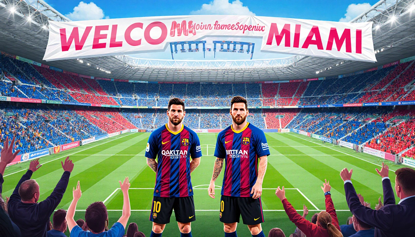 Luis Suárez and Lionel Messi greet fans on field with a vibrant Inter Miami stadium backdrop and cheering spectators.