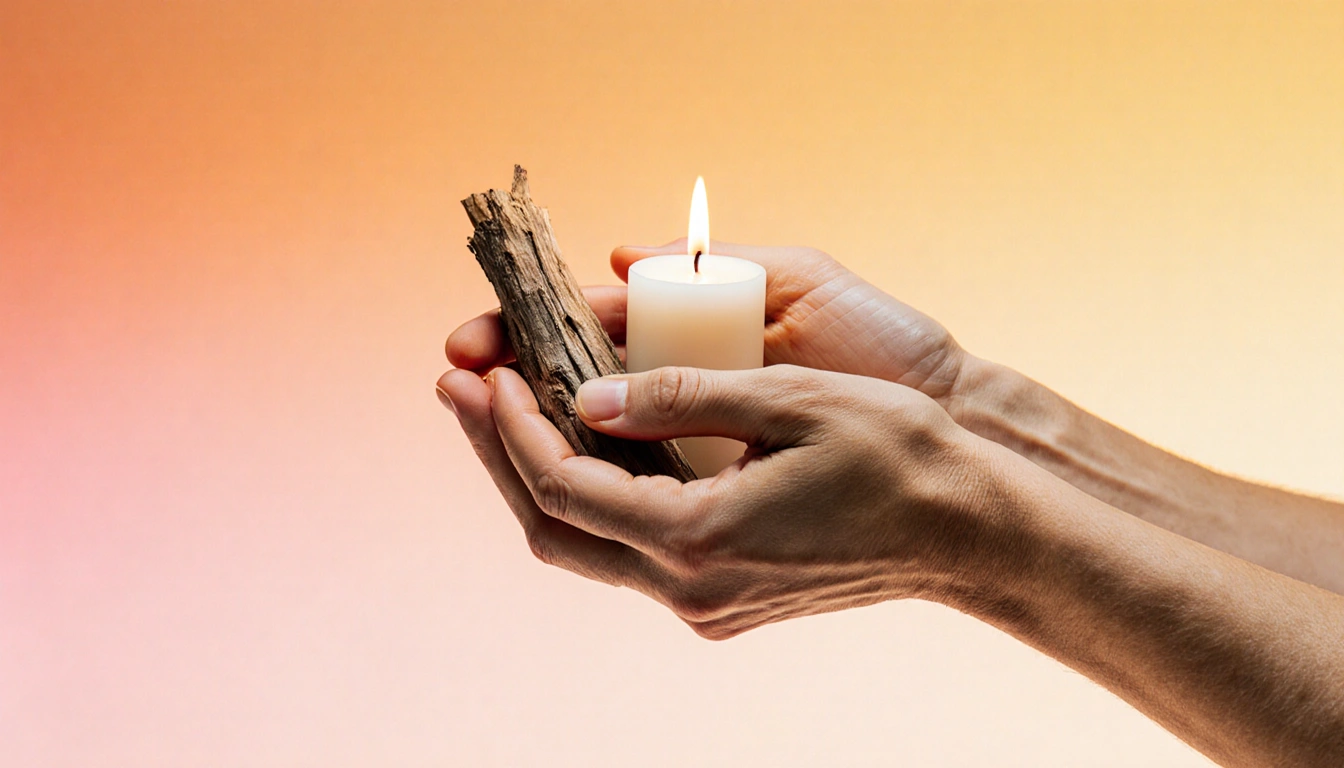 Intertwined hands holding a small candle with warm orange pink gradient symbolizing connection