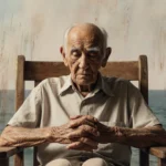 Ira Schab sits in armchair with hands clasped and gazes downward against watercolor of ocean hues veteran remembrance