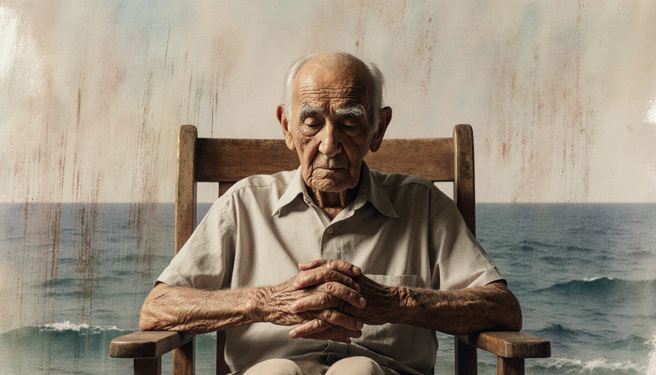 Ira Schab sits in armchair with hands clasped and gazes downward against watercolor of ocean hues veteran remembrance
