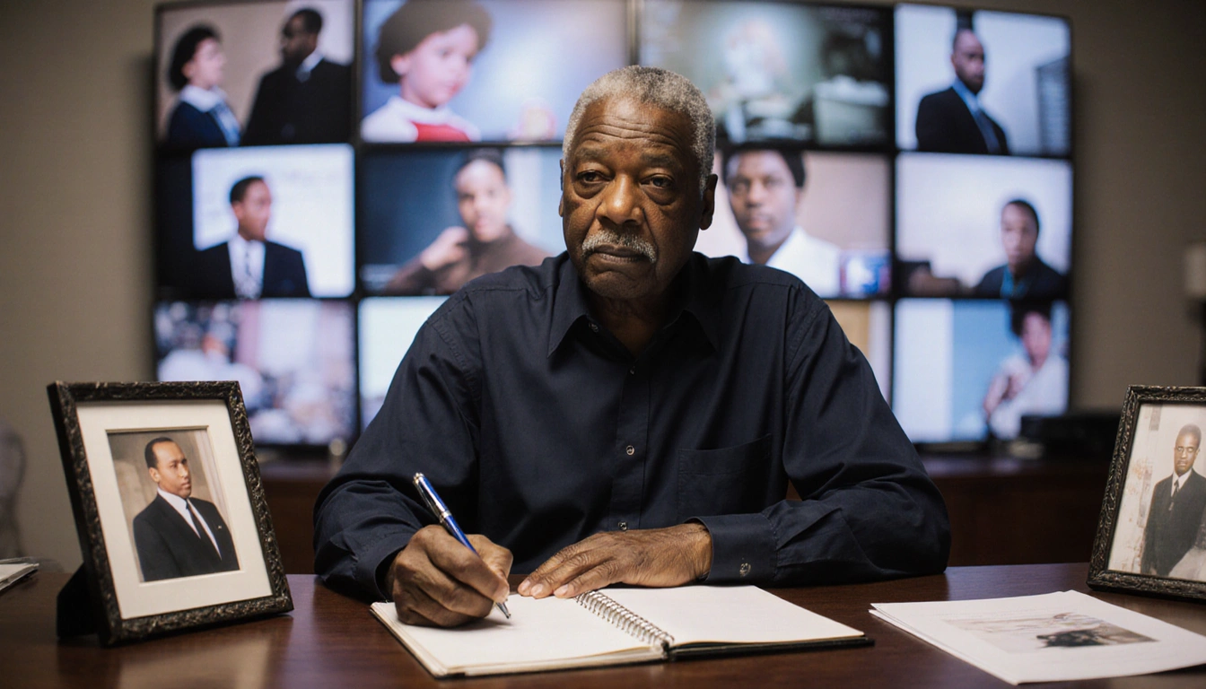 Isiah Whitlock Jr. actor sits at a desk with notepad and pen and framed family photos and TV screens showing iconic scenes