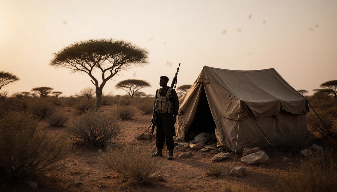 Militant silhouette standing near a makeshift tent with acacia trees and rocky outcrops in a sun-baked desert.