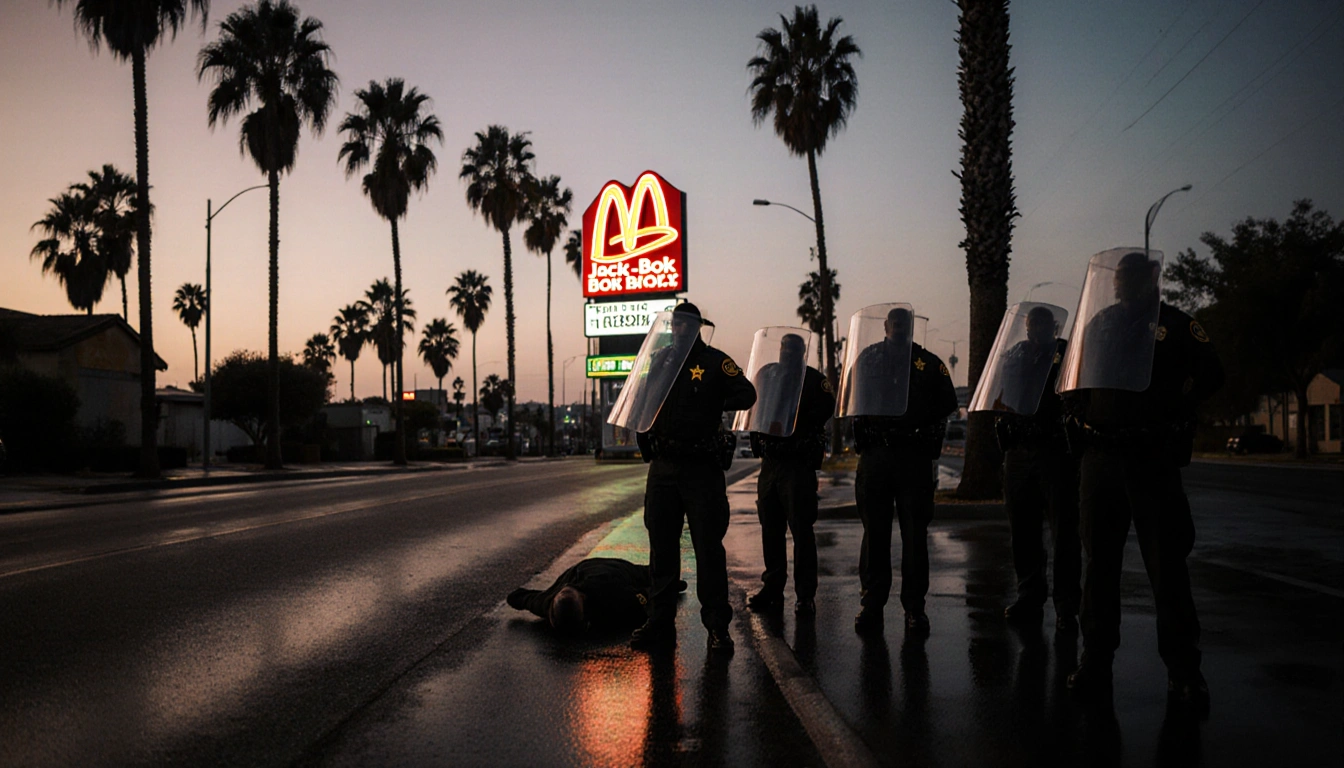 Figure lying on wet pavement with Jack in the Box neon sign reflecting nearby and deputies in reflective shields