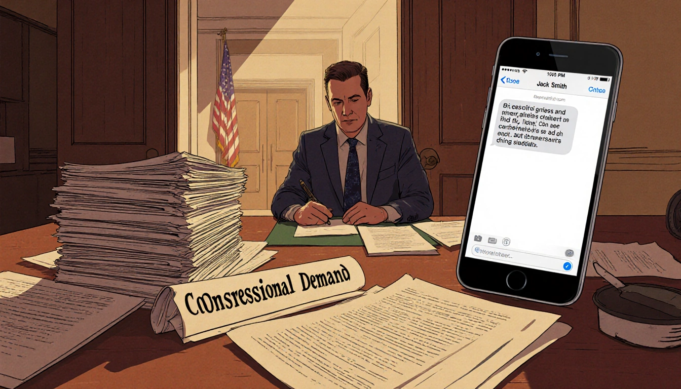 Jack Smith sits at a desk with files labeled Congressional Demand and a phone showing a text from a committee member.