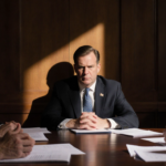 Jack Smith sits across from Republican panel with long shadow and scattered documents in an investigative hearing room