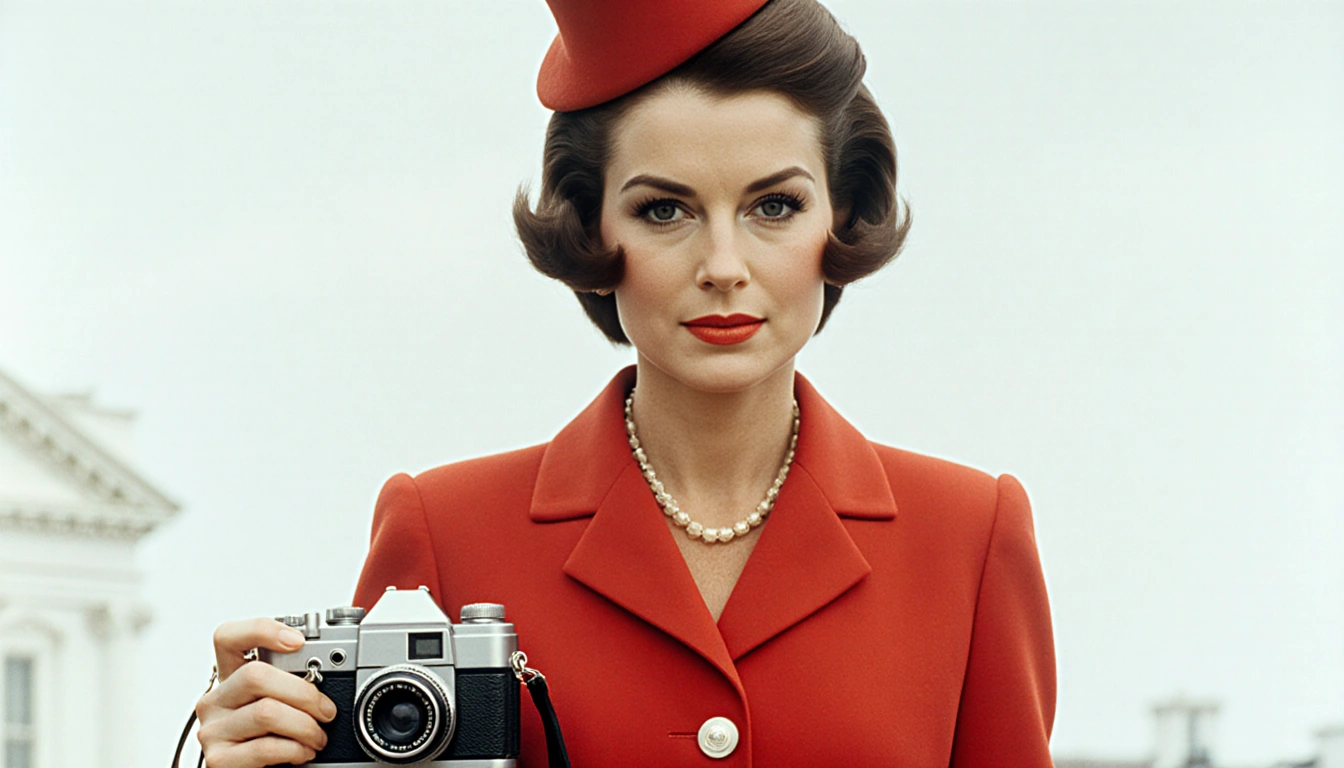 Jacqueline Bouvier Kennedy Onassis holding a camera in a red Chanel suit with a hint of White House in the scene.