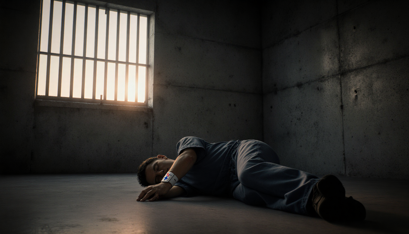 Inmate slumped on concrete floor with dawn light filtering through bars and a medical badge near wrist.