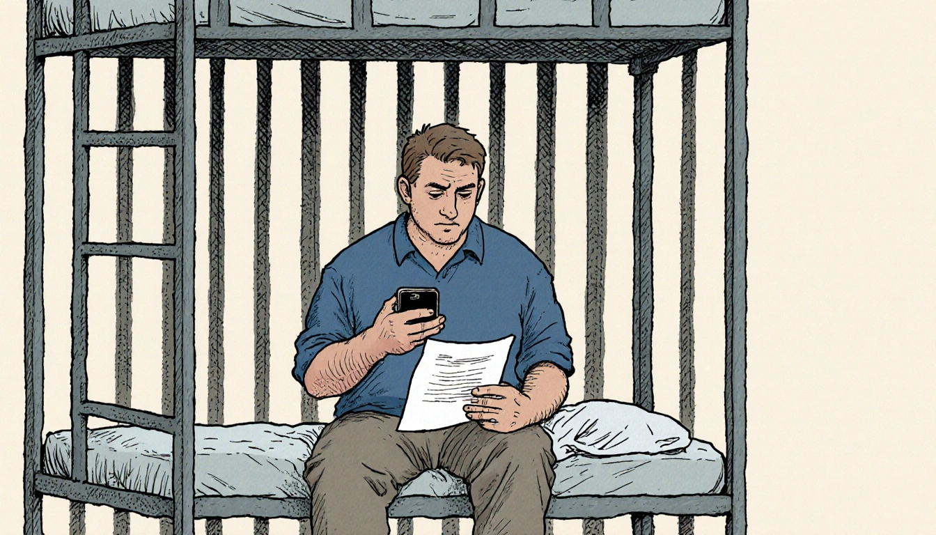 Nick Reiner sits on a bunk bed looking at his phone with faint jail bars and subtle law enforcement cues in muted background