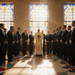 Inmates praying at altar with priest holding Eucharist and stained glass light.
