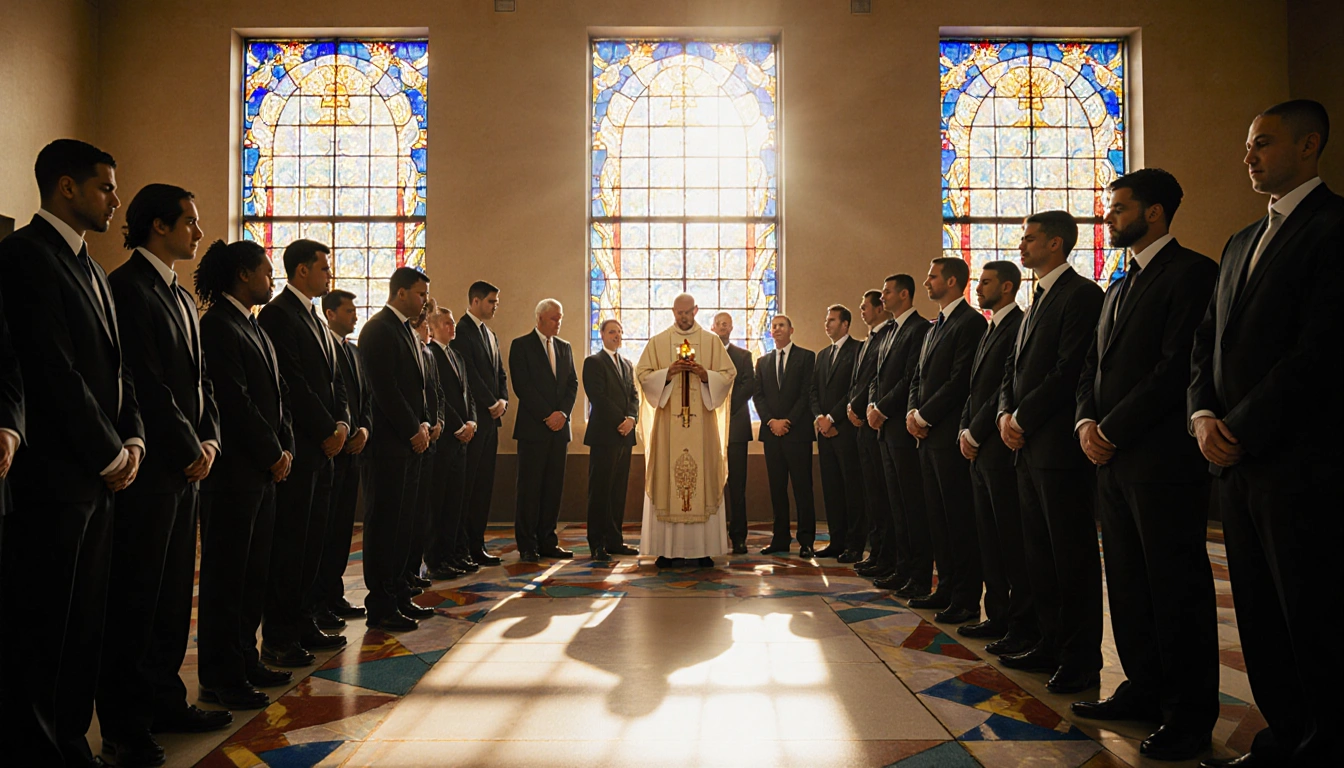 Inmates praying at altar with priest holding Eucharist and stained glass light.