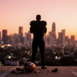 Jamal Anderson standing with arms crossed and shattered football near him against a sunset cityscape