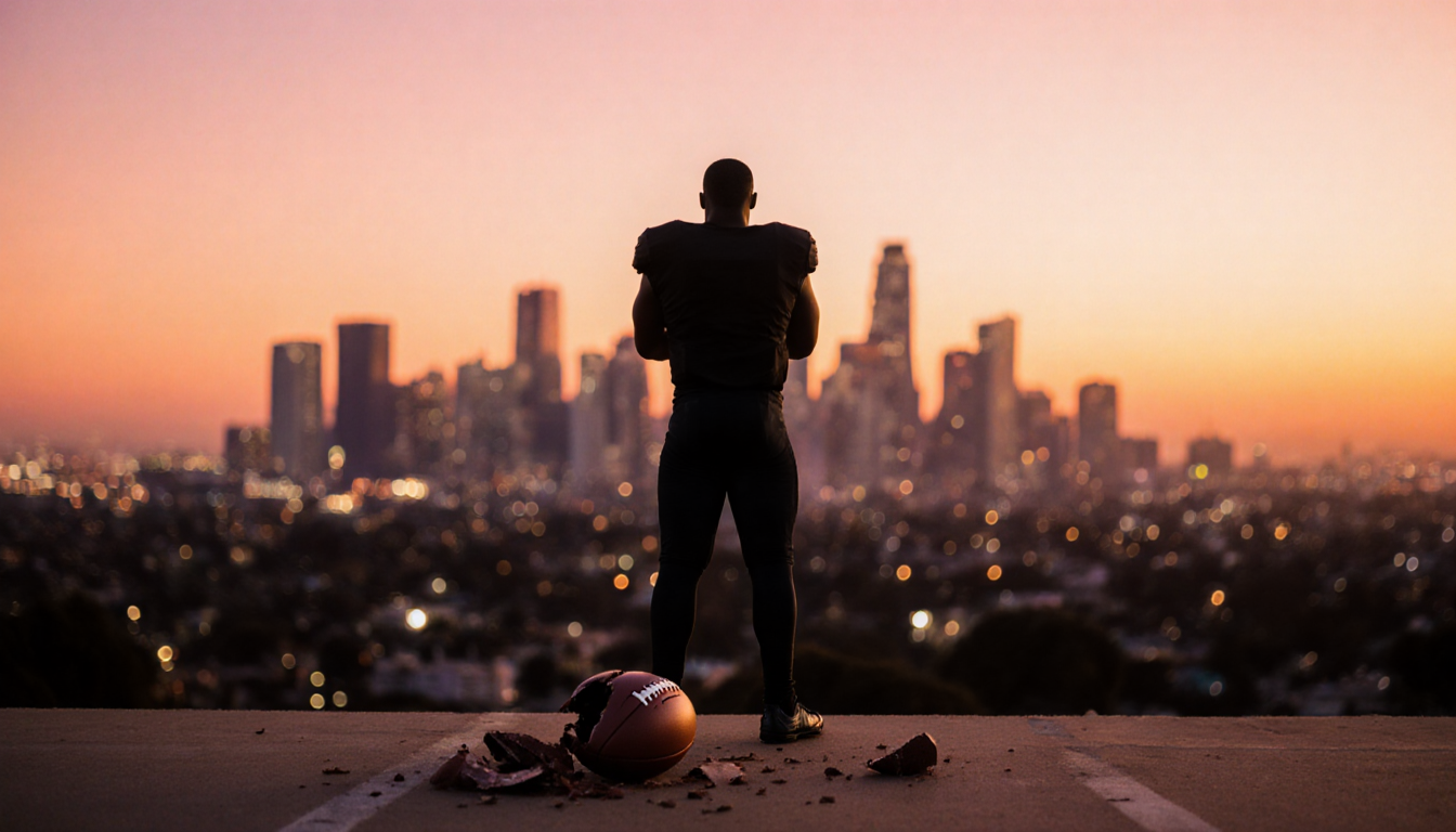 Jamal Anderson standing with arms crossed and shattered football near him against a sunset cityscape