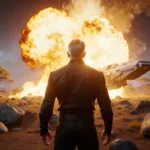 James Cameron standing proudly with a massive fiery explosion behind him and a sleek spaceship in the distance