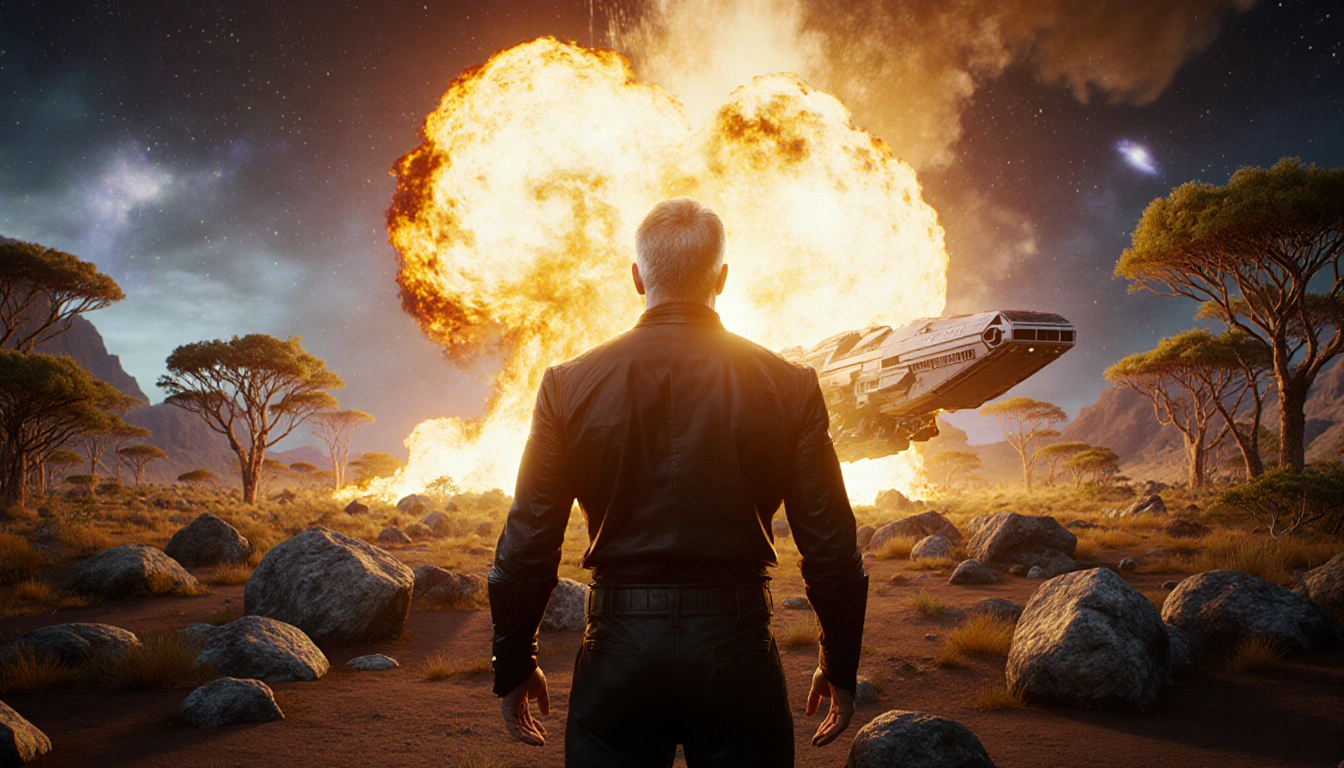 James Cameron standing proudly with a massive fiery explosion behind him and a sleek spaceship in the distance