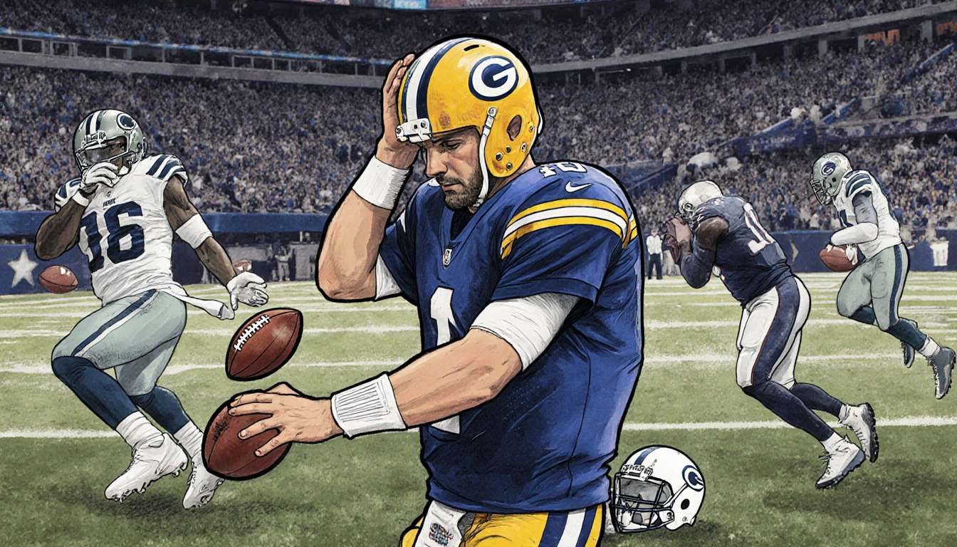 Jared Goff clutching the football looking frustrated with fumbled pass in background and helmets scattered around