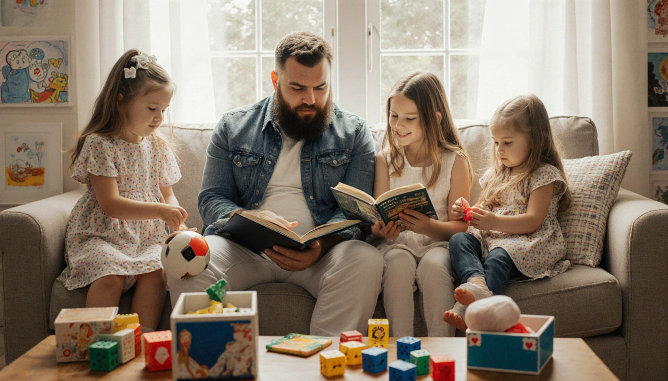 Jason Kelce sits on couch with daughters playing and reading in cozy living room