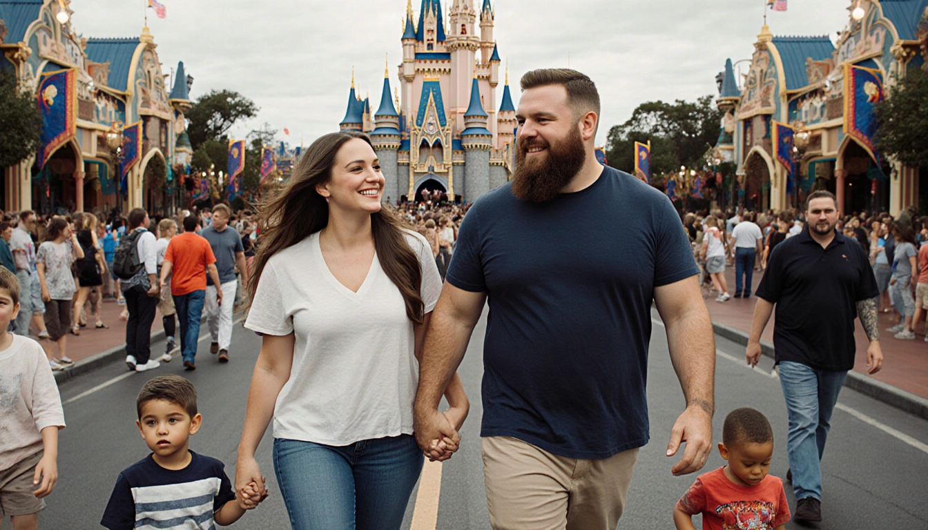 Jason Kelce and his wife Kylie walking hand-in-hand with colorful Disney World attractions and playful children for family ti
