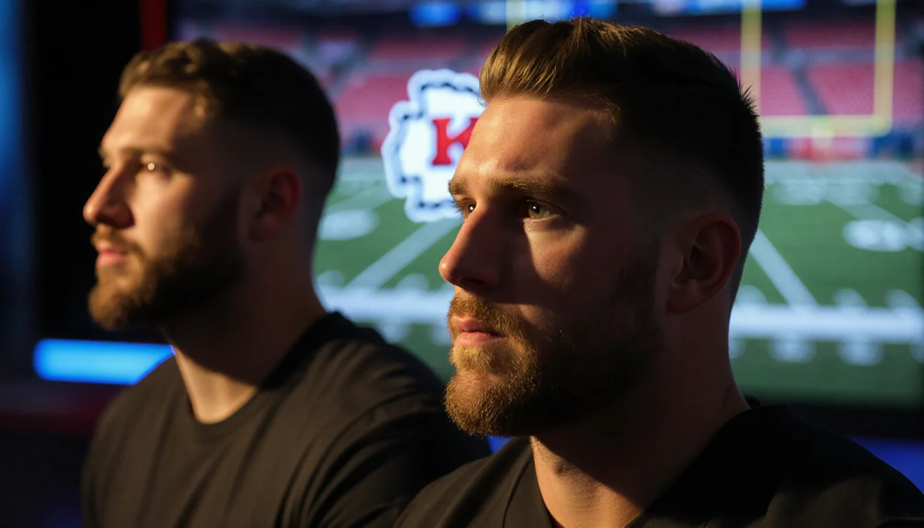 Jason Kelce posing with light on his face and Travis Kelce in background near a blurred Chiefs logo.