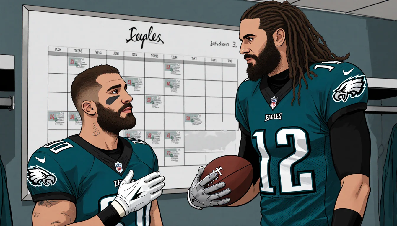 Jason Kelce advising Travis Kelce with a football in a locker room and a game schedule nearby