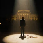 Jazz drummer Chuck Redd standing on dim stage with shattered drumsticks and Kennedy Center behind
