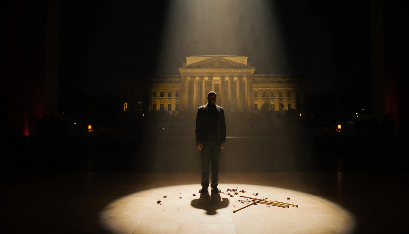 Jazz drummer Chuck Redd standing on dim stage with shattered drumsticks and Kennedy Center behind