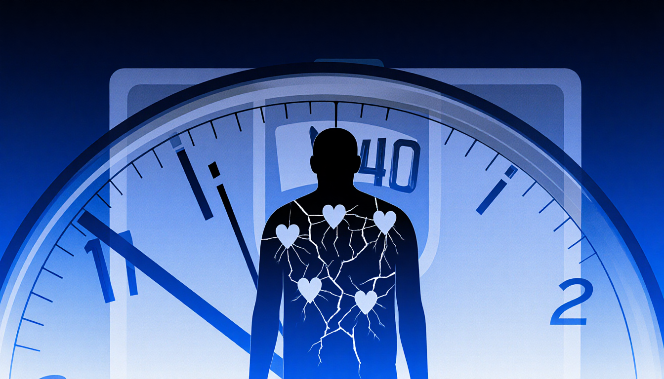 Person before countdown clock marking 40th birthday with fractured heart and blue gradient 500‑lb scale background.