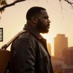 Jelly Roll standing in front of a Nashville skyline at sunset with a guitar over his shoulder and a hidden prison cell door