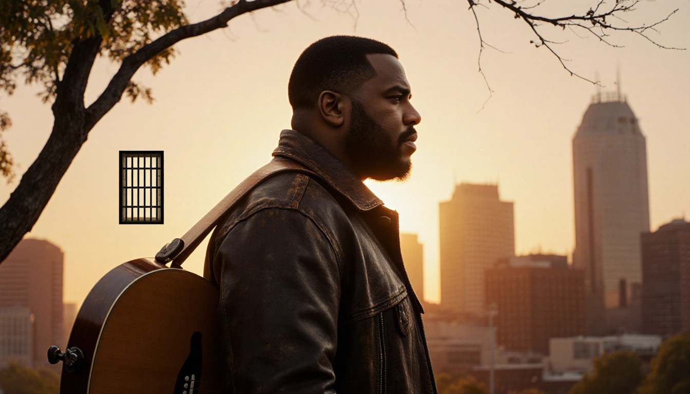 Jelly Roll standing in front of a Nashville skyline at sunset with a guitar over his shoulder and a hidden prison cell door