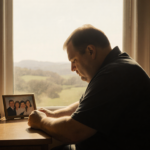 Jelly Roll sits at desk with window showing outdoor view photos of loved ones that capture his weight loss journey.