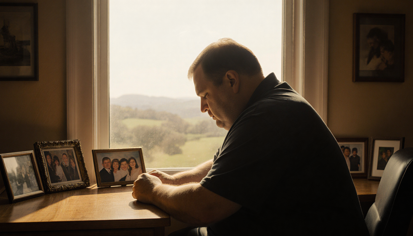 Jelly Roll sits at desk with window showing outdoor view photos of loved ones that capture his weight loss journey.